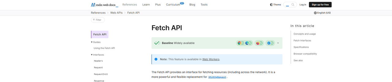 MDN Web Docs reference page for the Fetch API, marked Baseline widely available across browsers