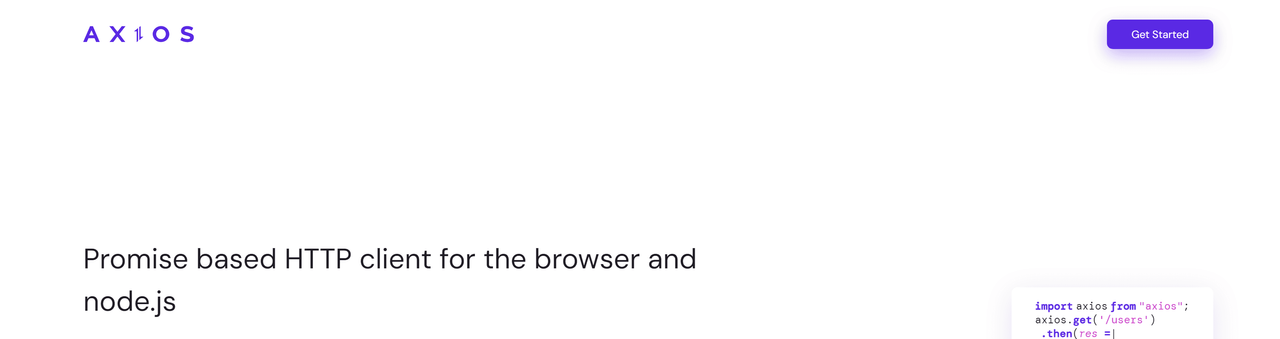 Axios homepage with the tagline Promise based HTTP client for the browser and node.js