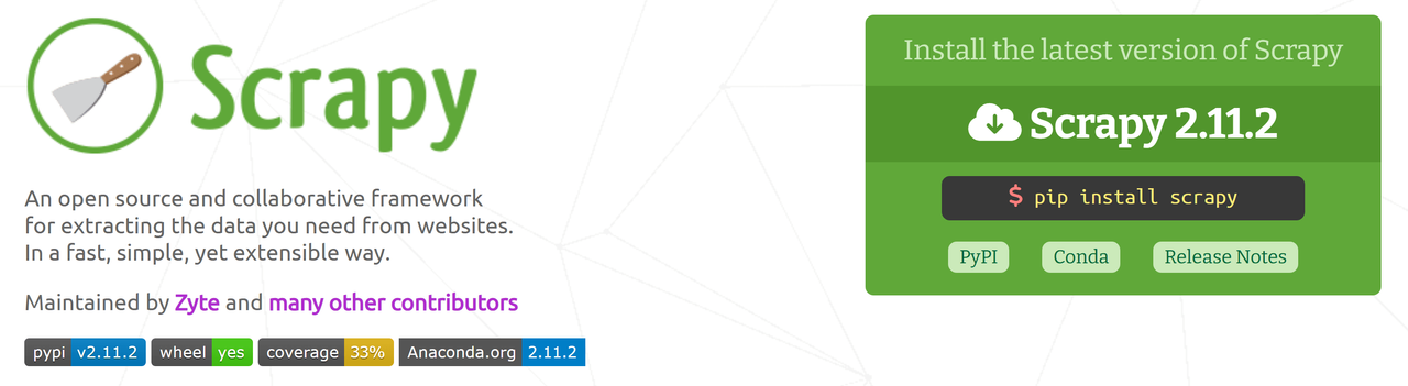 Scrapy homepage showing version 2.11.2, the pip install scrapy command and its open-source framework description