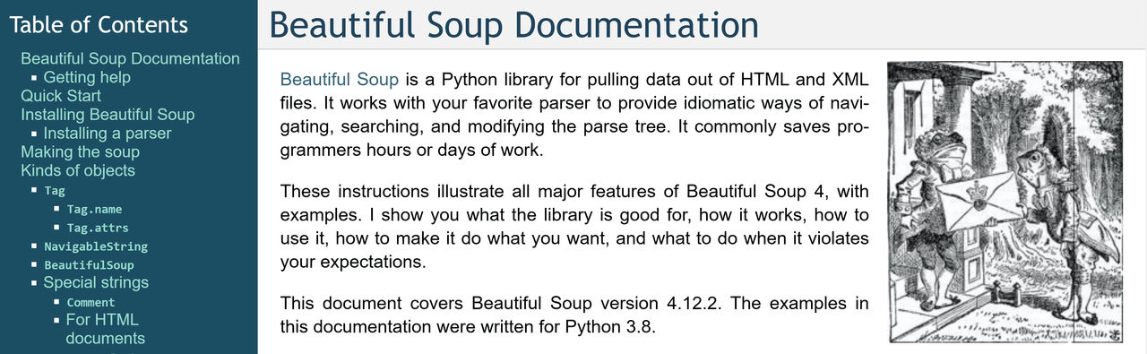 Beautiful Soup 4.12.2 documentation homepage describing it as a Python library for pulling data from HTML and XML