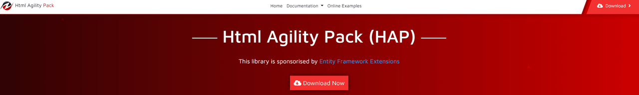 Html Agility Pack (HAP) homepage with its navigation bar and Download Now button
