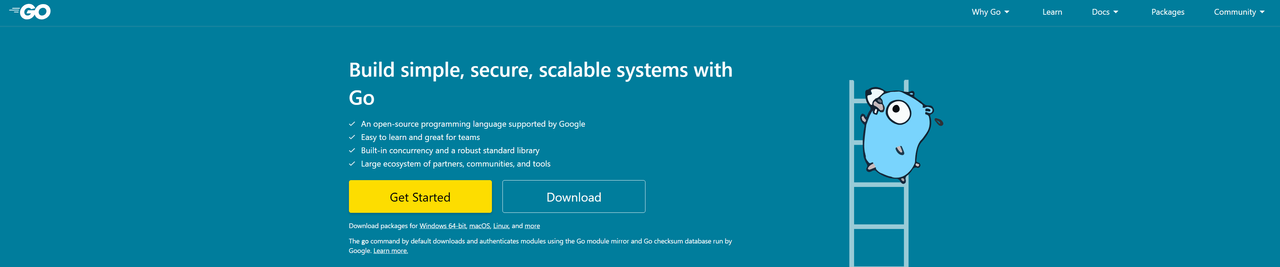 Go language homepage: Build simple, secure, scalable systems with Go, with the Go gopher mascot