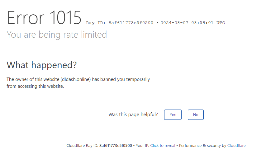 Cloudflare Error 1015 page reading You are being rate limited, with a Ray ID and a temporary ban message