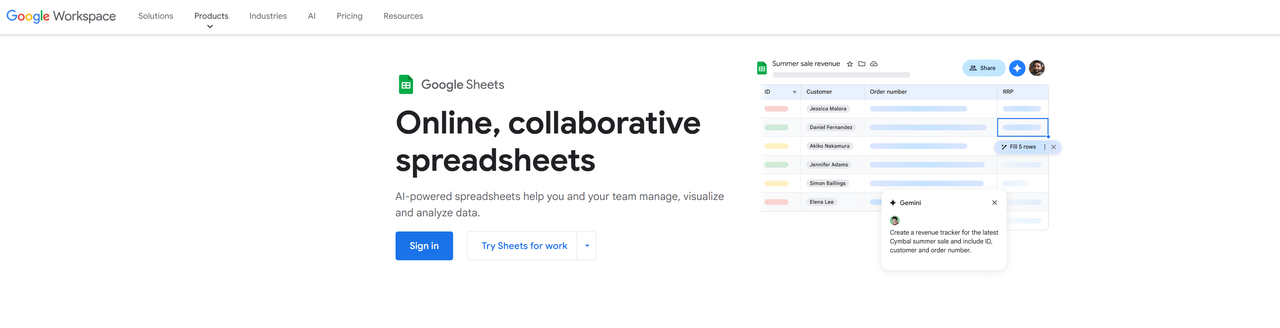 Google Sheets product page headlined Online, collaborative spreadsheets, beside a sample sheet