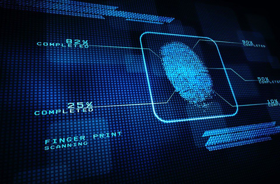 Stylised digital fingerprint scan graphic with percentage completion readouts
