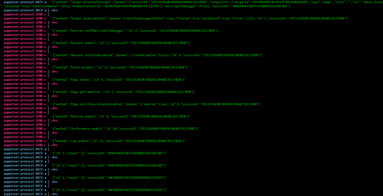 Terminal log of puppeteer protocol SEND and RECV messages showing Chrome DevTools Protocol traffic