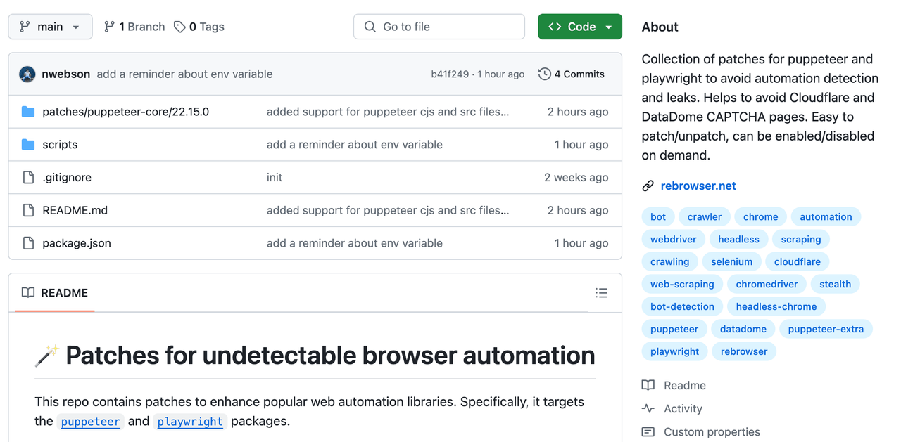 GitHub repository page titled Patches for undetectable browser automation, with its topic tags