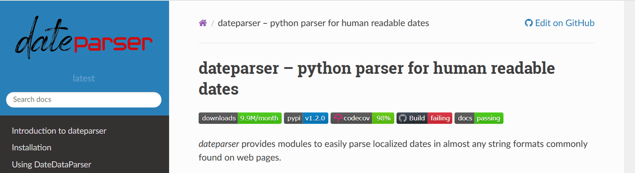 dateparser documentation homepage, a Python parser for human readable dates, at version 1.2.0