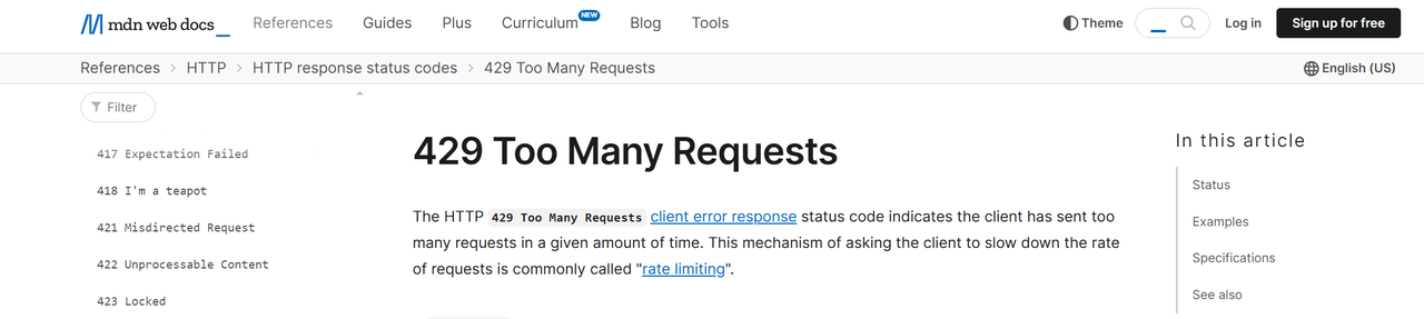 MDN Web Docs reference page for the HTTP 429 Too Many Requests status code