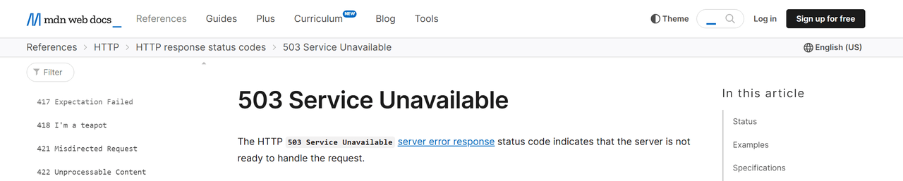 MDN Web Docs reference page for the HTTP 503 Service Unavailable status code