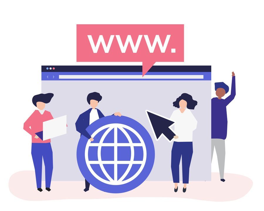 Flat illustration of people around a browser window with a WWW speech bubble and a globe