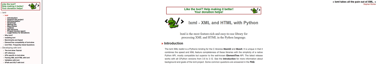 lxml documentation homepage, XML and HTML with Python, with its navigation sidebar