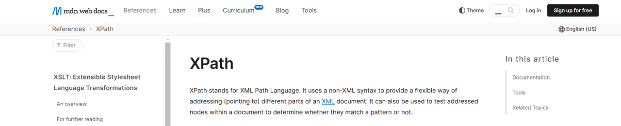 MDN Web Docs reference page for XPath, the XML Path Language