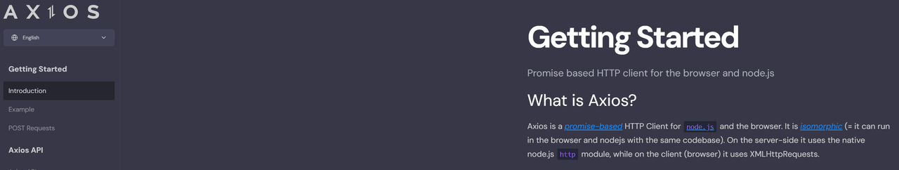 Axios documentation Getting Started page answering the question What is Axios?