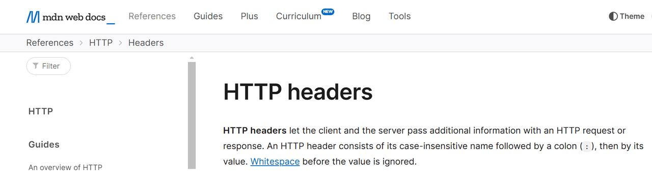 MDN Web Docs reference page for HTTP headers, explaining their name and value syntax