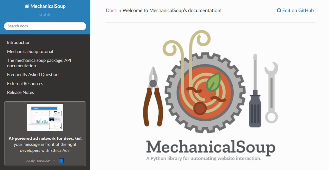MechanicalSoup documentation homepage, a Python library for automating website interaction