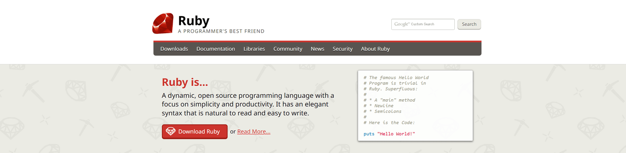 Ruby language homepage with the tagline A programmer's best friend and a Hello World example