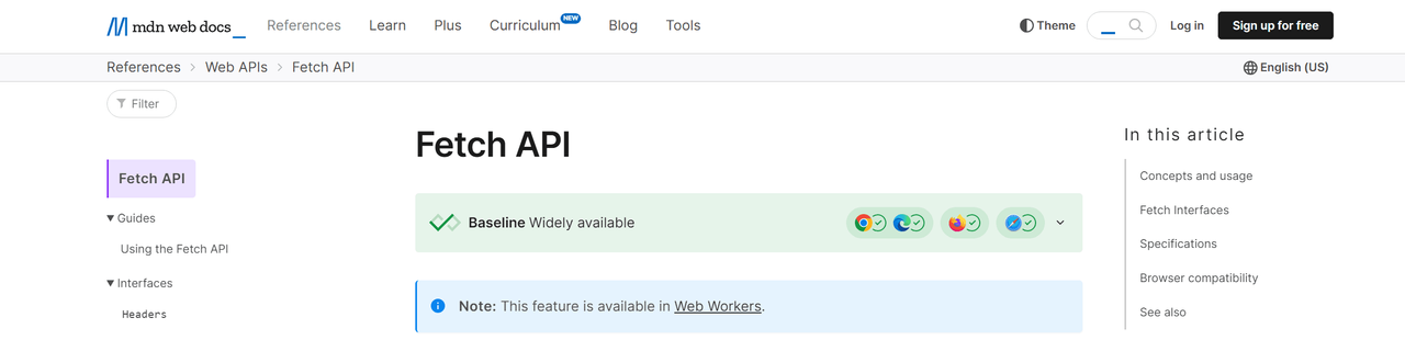 MDN Web Docs reference page for the Fetch API, marked Baseline widely available