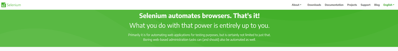 Selenium homepage with the tagline Selenium automates browsers. That's it!