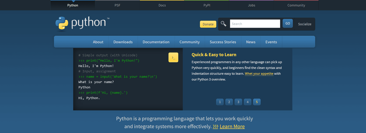 Python.org homepage showing an interactive Hello, I'm Python! example beside Quick and Easy to Learn