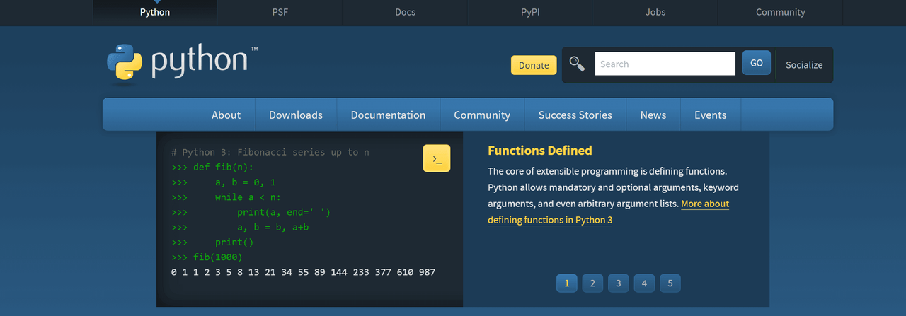 Python.org homepage showing a Fibonacci series example beside the Functions Defined panel