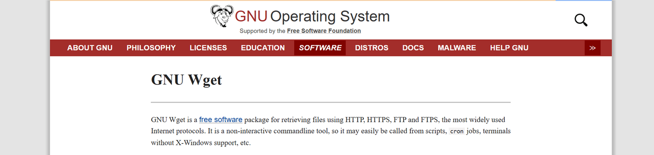 GNU Wget page on the GNU Operating System site, describing the file retrieval tool