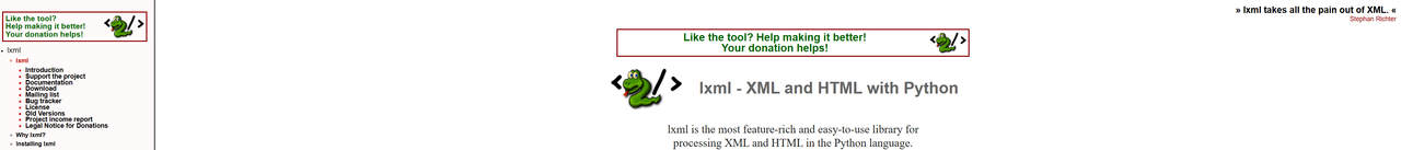 lxml documentation homepage, XML and HTML with Python