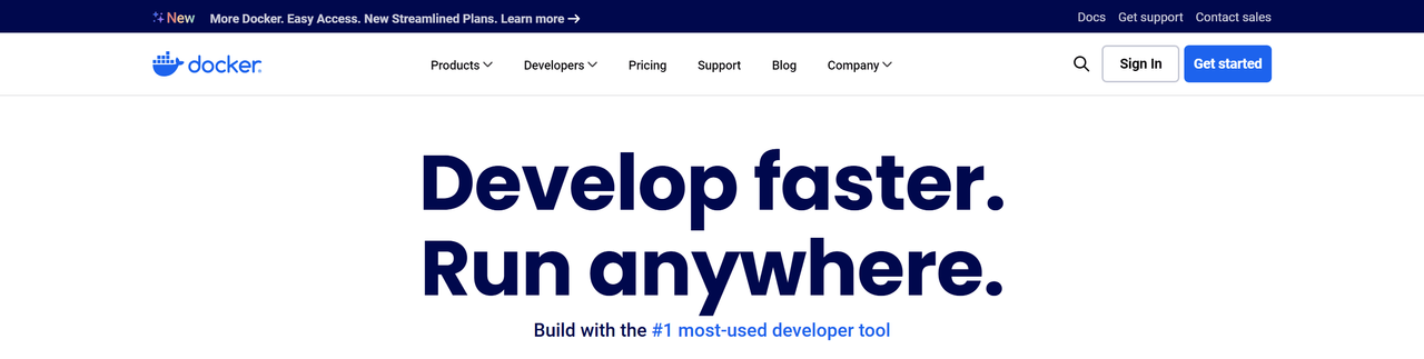 Docker homepage with the tagline Develop faster. Run anywhere.