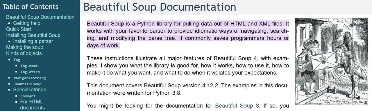 Beautiful Soup documentation homepage with its table of contents sidebar