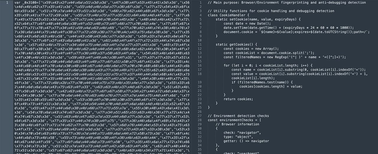 Obfuscated anti-bot script beside its readable form, showing cookie handling and environment checks