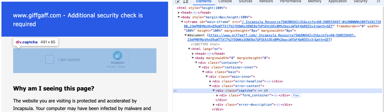 Incapsula challenge page beside DevTools showing its iframe and captcha element markup