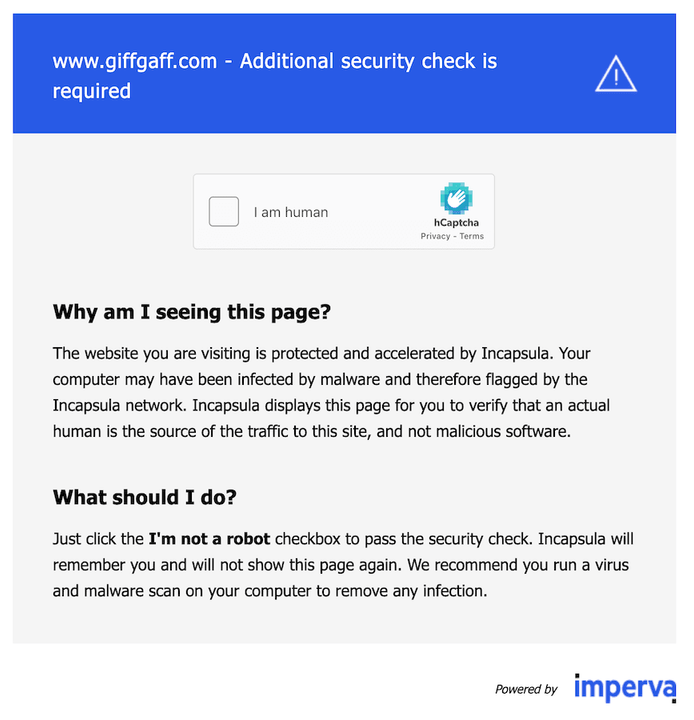 Incapsula security check page for giffgaff.com with an hCaptcha I am human checkbox