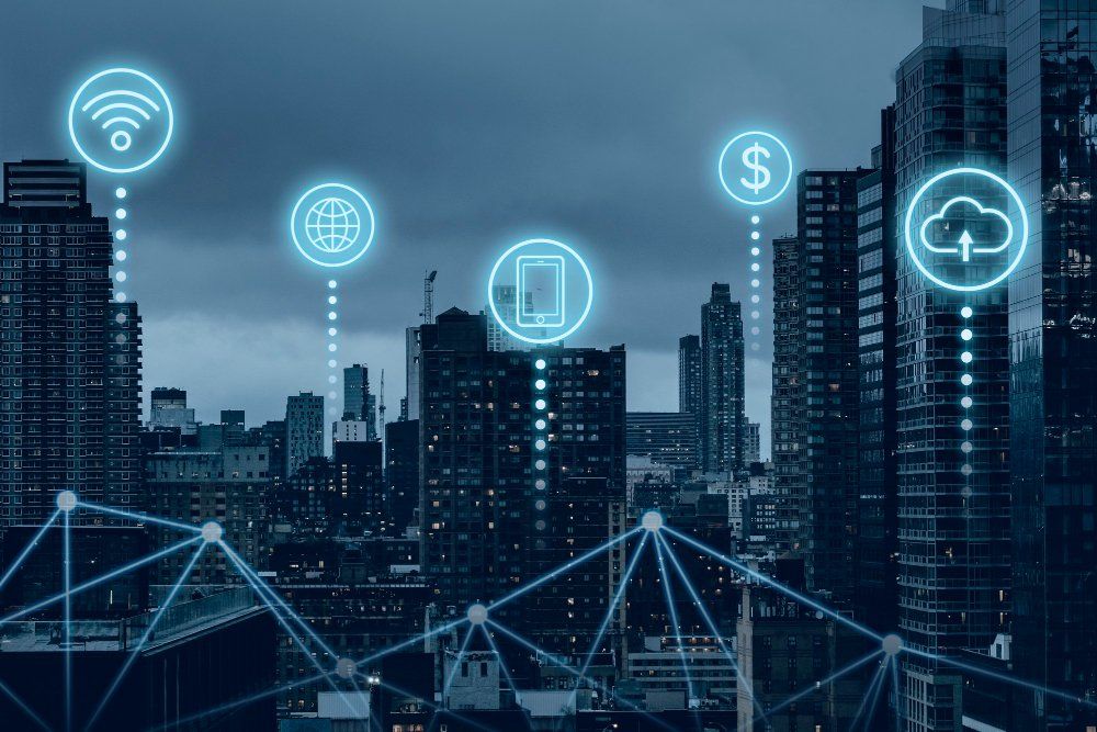City skyline at dusk overlaid with glowing network icons connected by lines