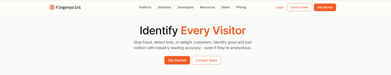 Fingerprint homepage with the headline Identify Every Visitor and a fraud detection description