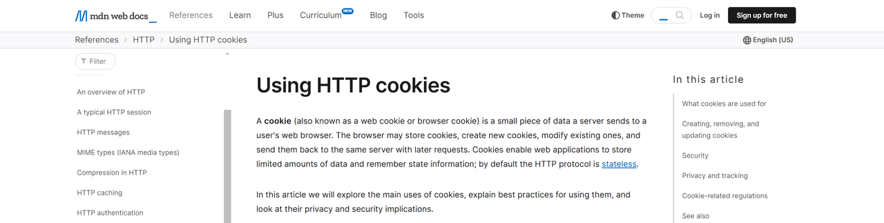 MDN Web Docs guide to using HTTP cookies, explaining what cookies are and how they are stored