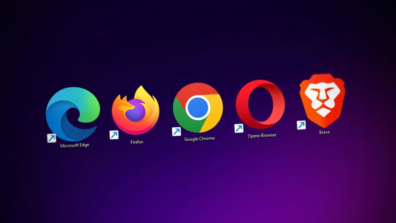 Desktop shortcut icons for Microsoft Edge, Firefox, Google Chrome, Opera and Brave browsers