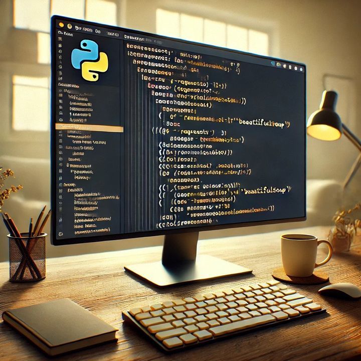 Illustration of a desk with a monitor showing Python code, a keyboard and a mug of coffee