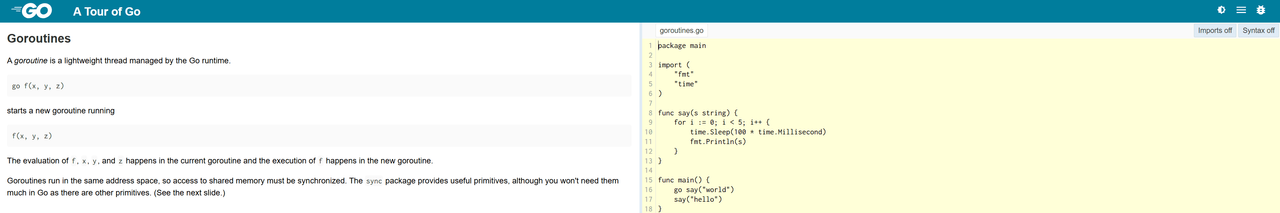 A Tour of Go lesson on goroutines, with the explanation beside a runnable code sample