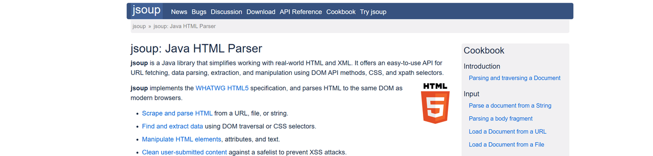 jsoup homepage describing the Java HTML parser, with its cookbook links