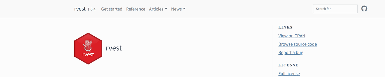 Documentation site for the rvest 1.0.4 R package, with CRAN and source code links