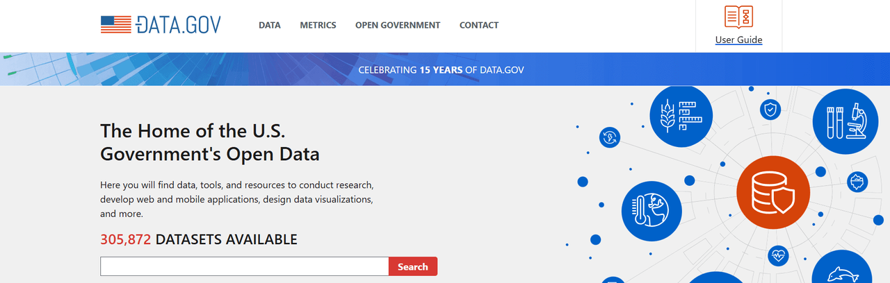 Data.gov homepage, the home of US government open data, listing 305,872 datasets available
