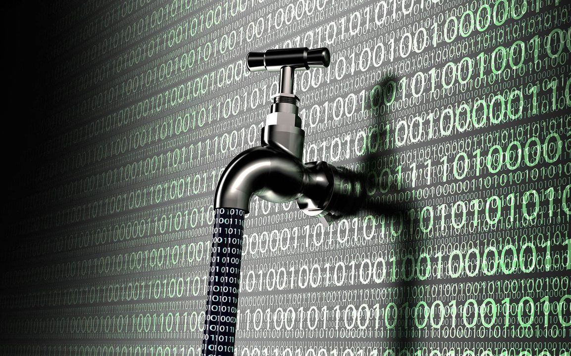 A tap mounted on a wall of binary digits, with a stream of ones and zeros pouring out
