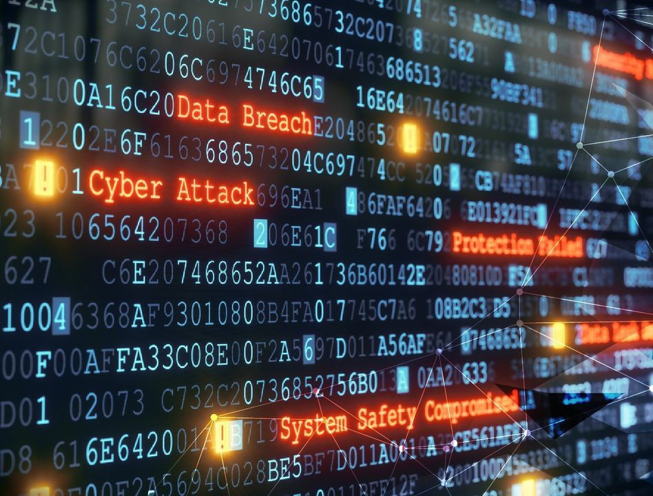 Wall of hexadecimal data with warnings reading Data Breach, Cyber Attack and Protection Failed