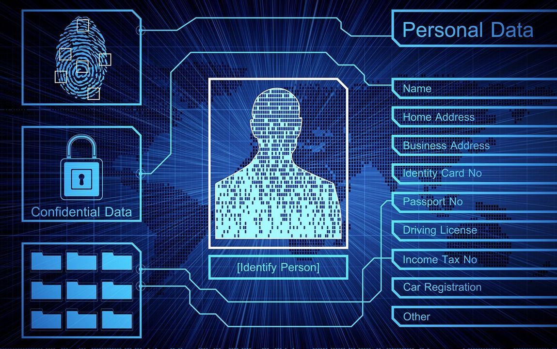 Infographic linking a person's silhouette to personal data fields such as name, address and passport