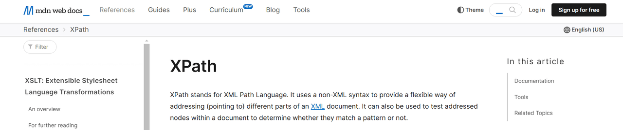 MDN Web Docs reference page for XPath, the XML Path Language