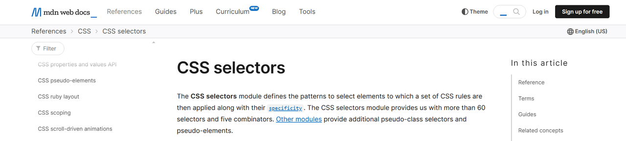 MDN Web Docs page for CSS selectors, listing the module's selectors and combinators