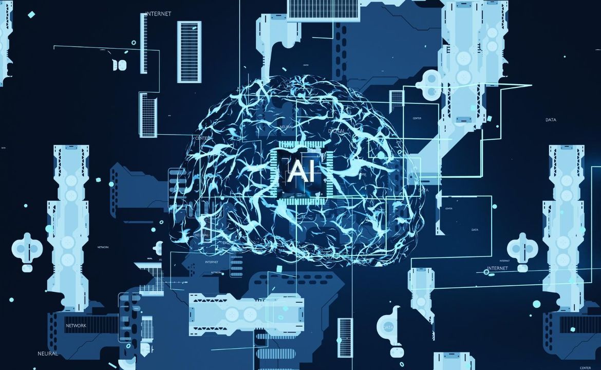 Glowing neural brain labelled AI on a dark blue circuit-board background