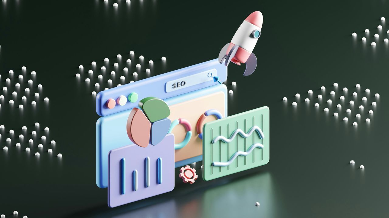 Three-dimensional illustration of an SEO dashboard with charts and a rocket taking off